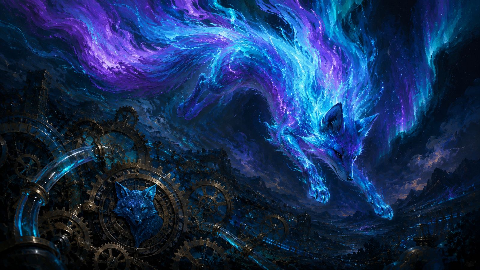 An aurora fox above a wall of interlocking brass gears