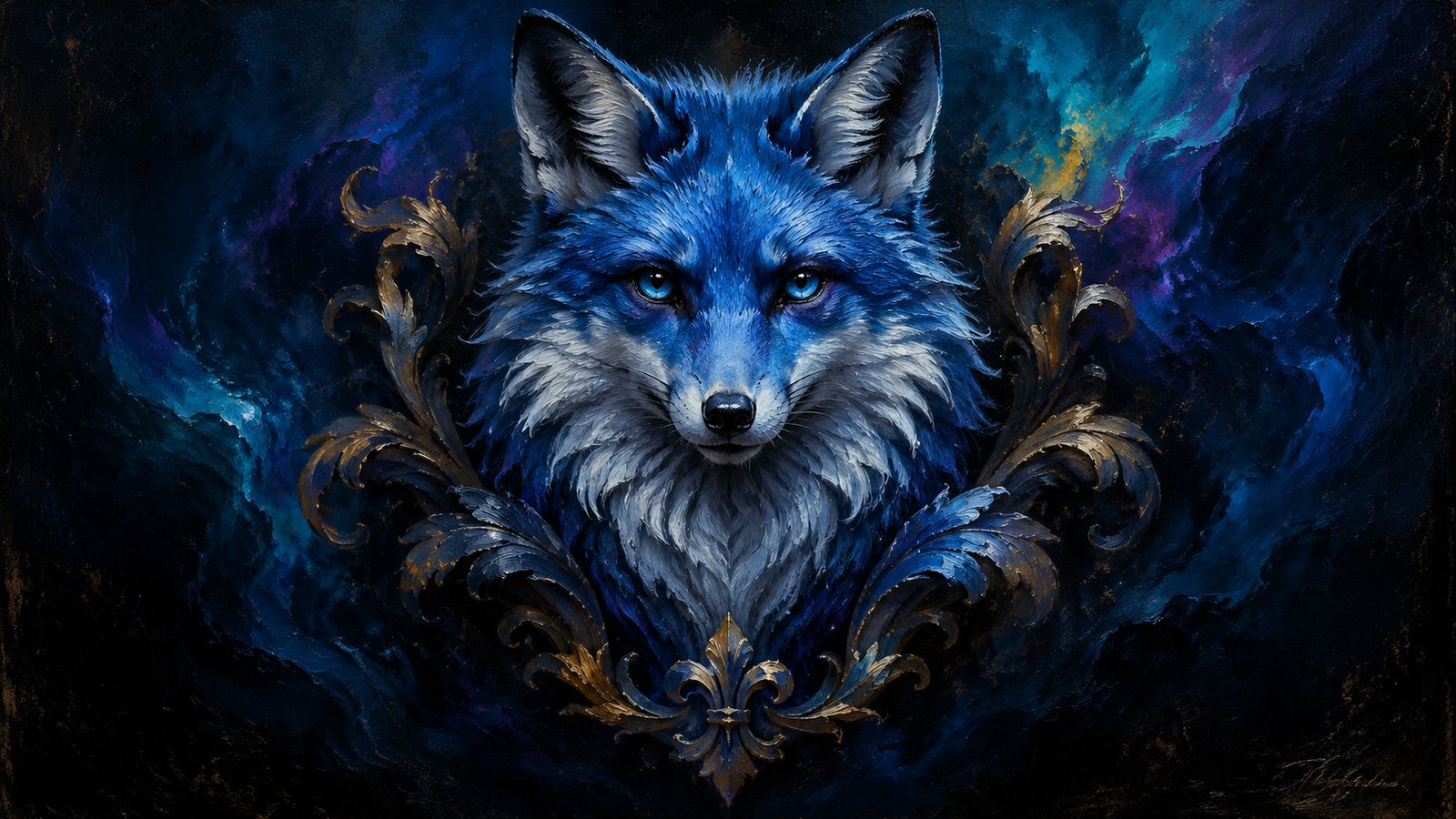 An ornate painted fox crest framed in gold filigree