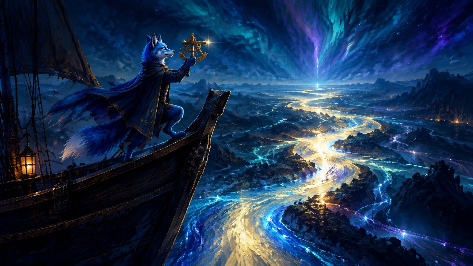 A fox navigator reading a sextant above a river of light splitting into bright and guttering channels