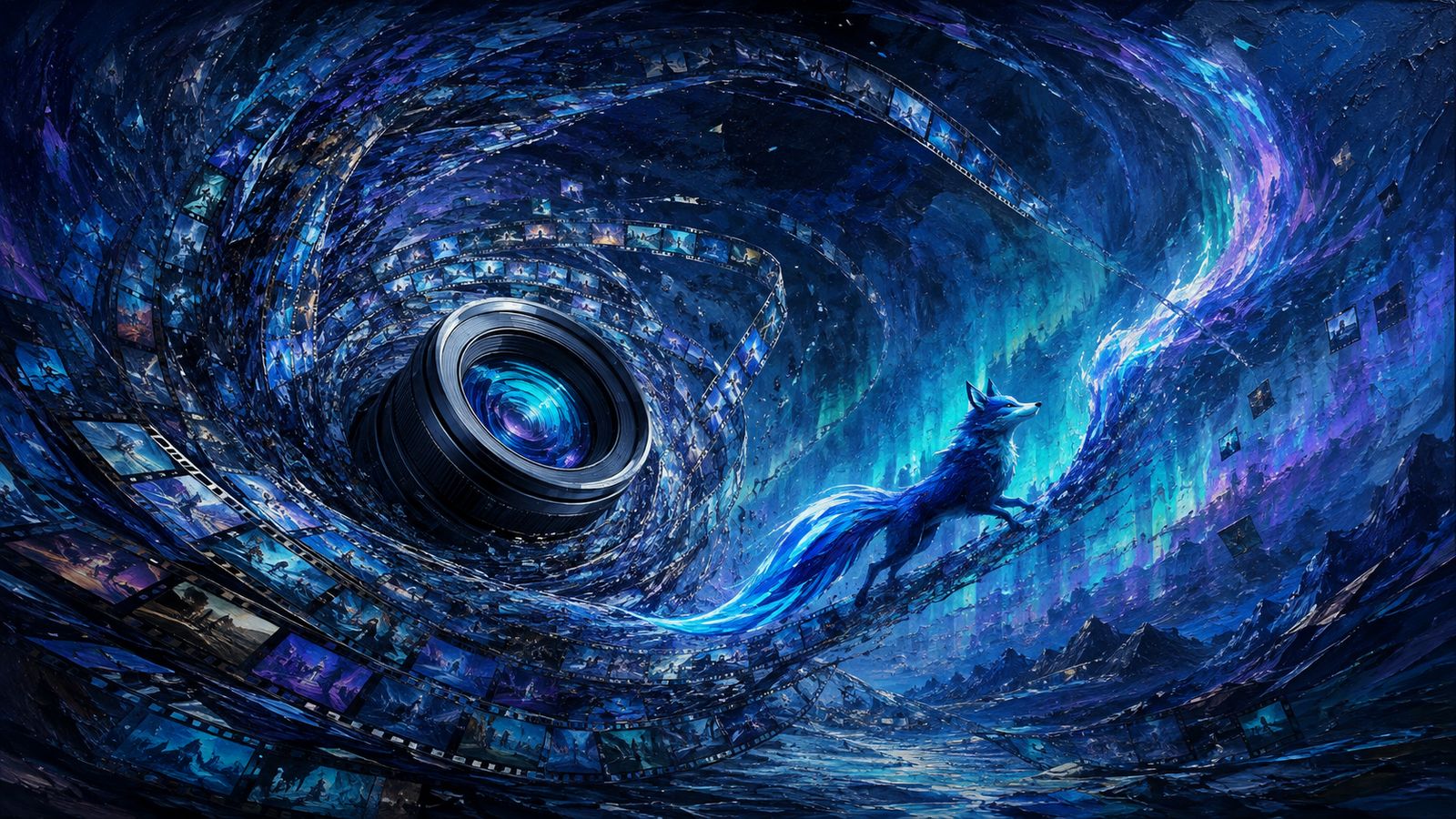 A cosmic fox running out of a cyclone of film frames around a lens